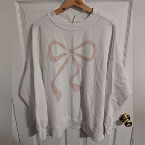 Aerie Womens Sweatshirt Pink Bow With Pearl Size Large Oversized Big Chill Crew
